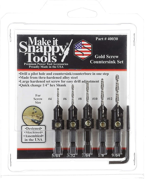 SNAPPY 5pce ¼” HEX SHANK GOLD SCREW TIMBER COUNTERSINK / BORE SET – MADE IN USA - FISHER DISCOUNT