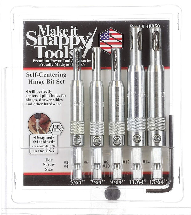 Snappy 5pc Self Centering Hinge Drill Bit Set #2–14 Cabinet MADE IN USA