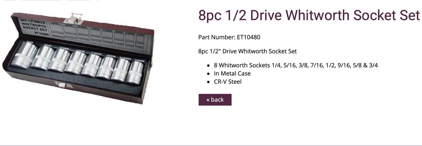 Eurotech 8PC 1/2"Dr Whitworth Socket set 1/4", 5/16", 3/8", 7/16", 1/2", 9/16",
