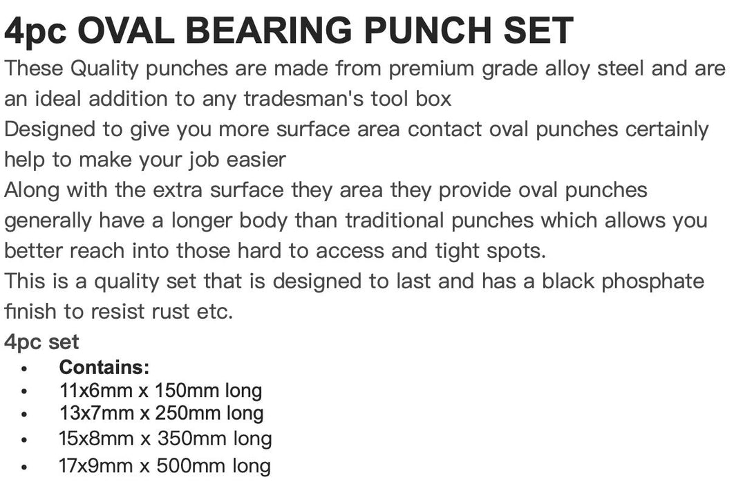 GeniusTools 4PC Oval Bearing Aligning Punch Set Made in Taiwan 6-17mm 150-500mmL - FISHER DISCOUNT