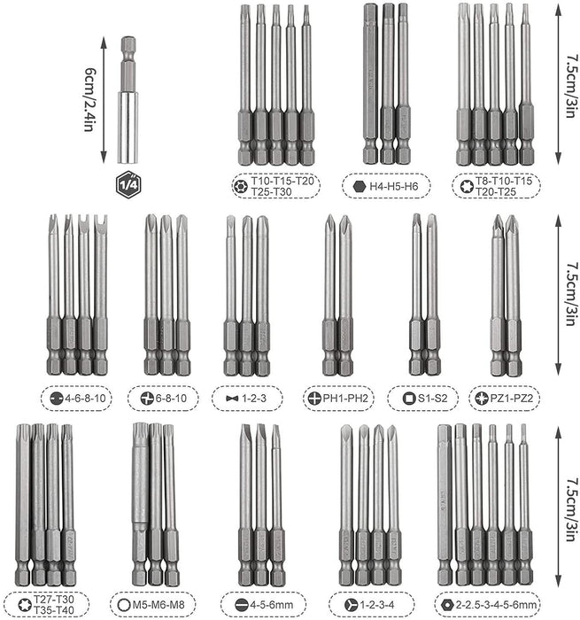 50PCS Extra Long Alloy Steel Screwdriver Bit Set Home Hand Tool Torx Star Hex