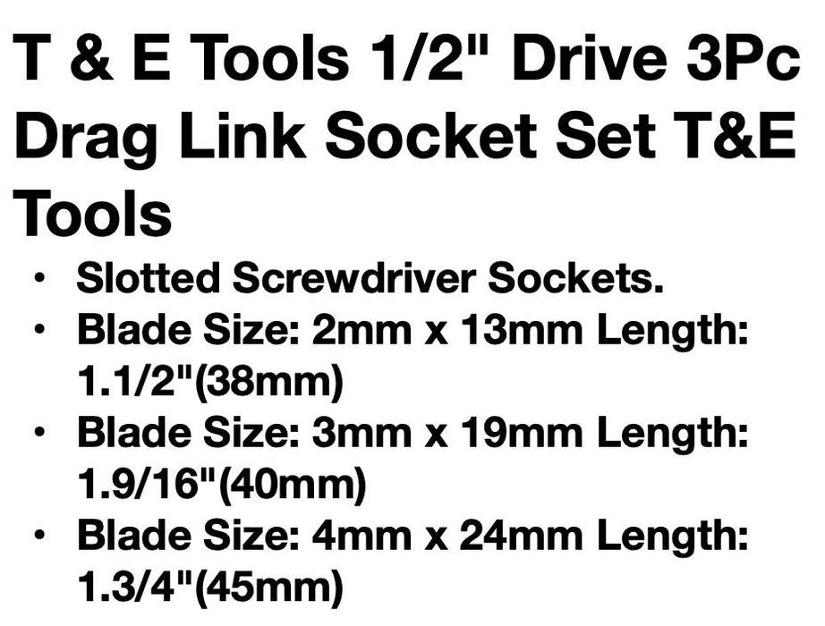 T&E Tool 1/2"DR 3Pc stubby Drag Link Socket Set Slotted Screwdriver Socket 34326