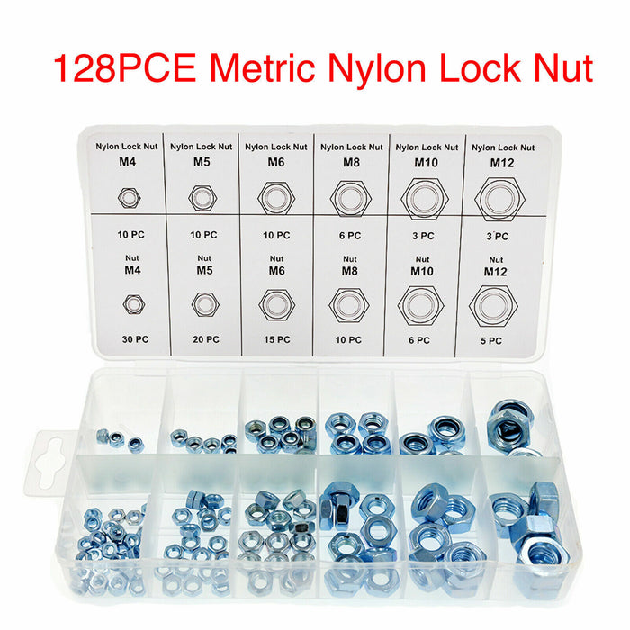 128 PC Metric Nylon Insert Lock Nut Assortment Industry Tool KIT M4-M12