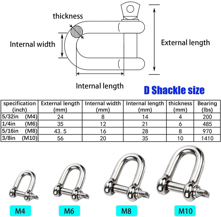 Grade 316 D Dee Shackles Stainless Steel Marine 4-12mm/180-1000kg AU STOCK