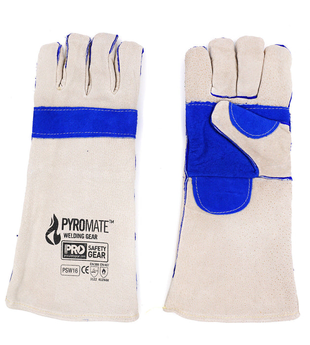 PROWhite and Blue Cowhide Welding Gauntlet Gloves Fabrication Foundry Safety BBQ