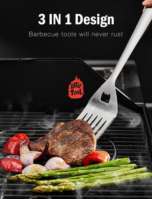 4PC Stainless BBQ Grill Utensil Tool Set Heavy Duty Integrated Thick Extension - FISHER DISCOUNT