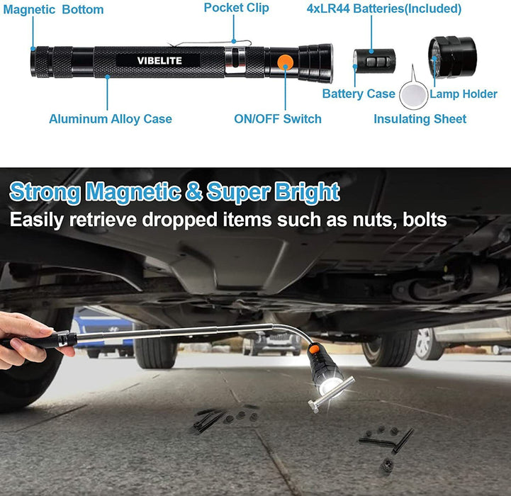 3 LED Flashlight Magnetic Torch Flexible Telescopic Pick-Up Lamp Worklight Tool