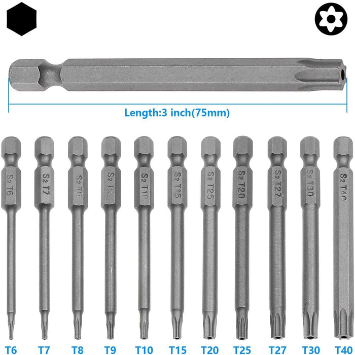 13Pc Magnetic Torx Screwdriver Bit Set Tamper Proof Long Torque Sleeve T6-T45