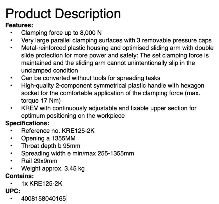 Bessey 1250mm Quick Action KREV Body Clamp KRE125-2K Made in Germany 8000Nm