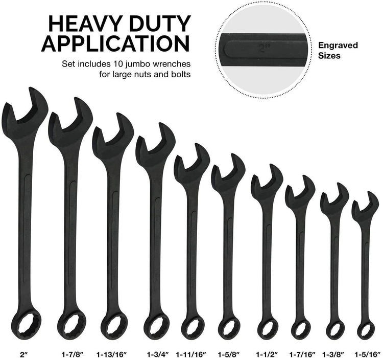 10PC Black Oxide Finish Jumbo Open-End Combination Wrench Set 1 5/16-2"