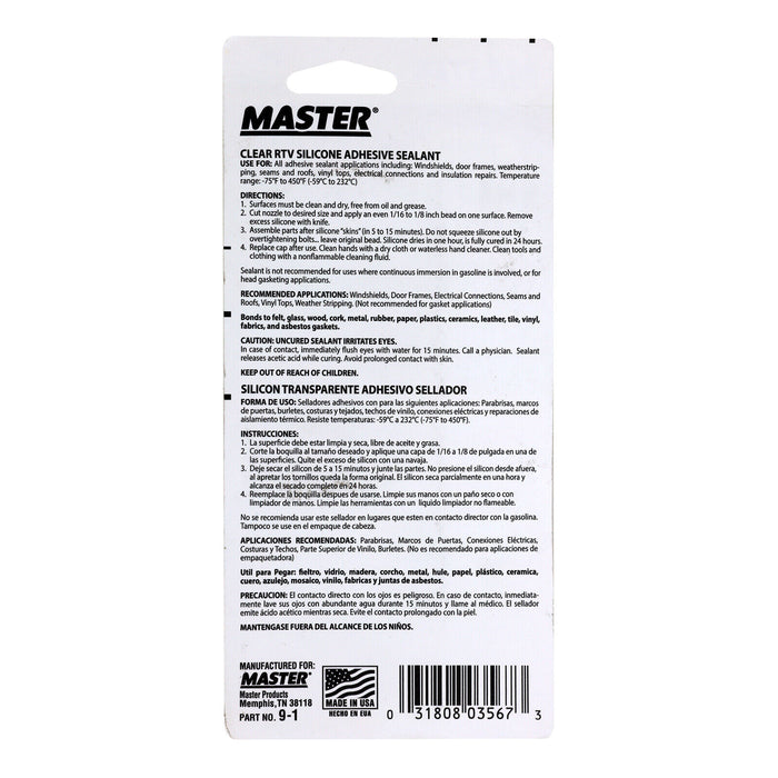 Master Premium Clear Silicone Adhesive Sealant Adhesive Sealant 85g Made in USA