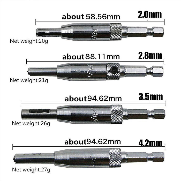 4PC Self-Centering Drill Bit Hex Shank Pilot Door Drawer Hinge Hole Screw Guide