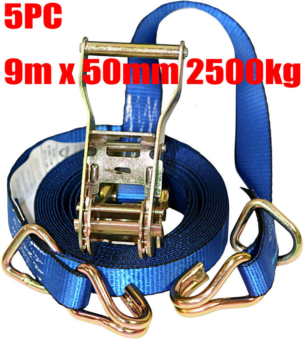 Heavy Duty Ratchet Strap Tie Downs 9m X 50mm 5 Pack Tiedown Meets Aus Standards