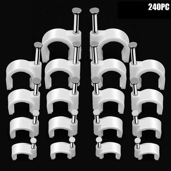 240PC Cable Clip Round Flat Wire Nail Clamps Wall Mount 5,6,8,9,10MM Fixing Nail