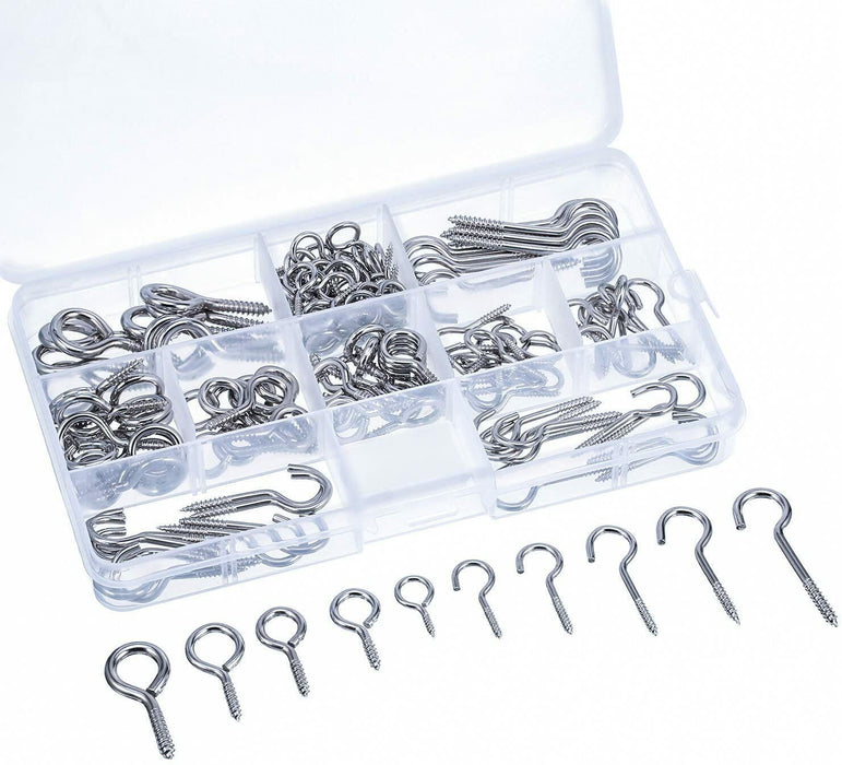 96PC WIRE HOOK & EYE BOLT ASSORTMENT GALVANISED STEEL SCREW IN EYELET BOLT HOOKS