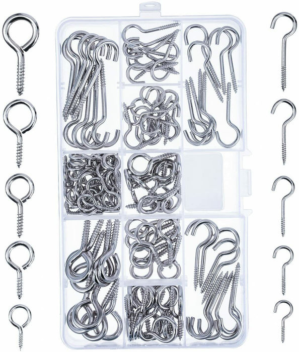 96PC WIRE HOOK & EYE BOLT ASSORTMENT GALVANISED STEEL SCREW IN EYELET BOLT HOOKS
