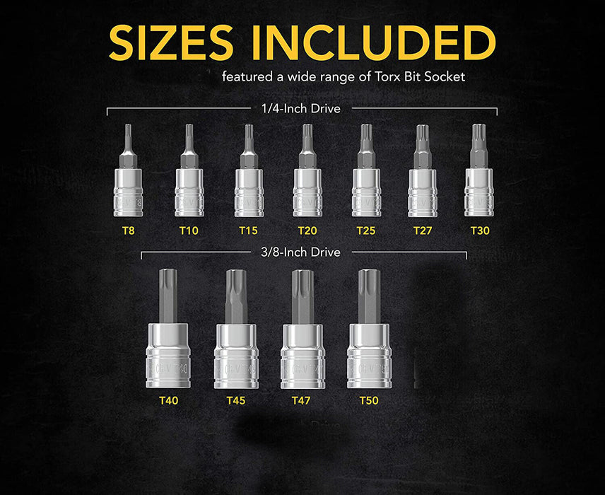 Eurotech 9pc Torx Bit Socket Set 3/8"Dr Tradesman Quality Made in Taiwan T10-T50
