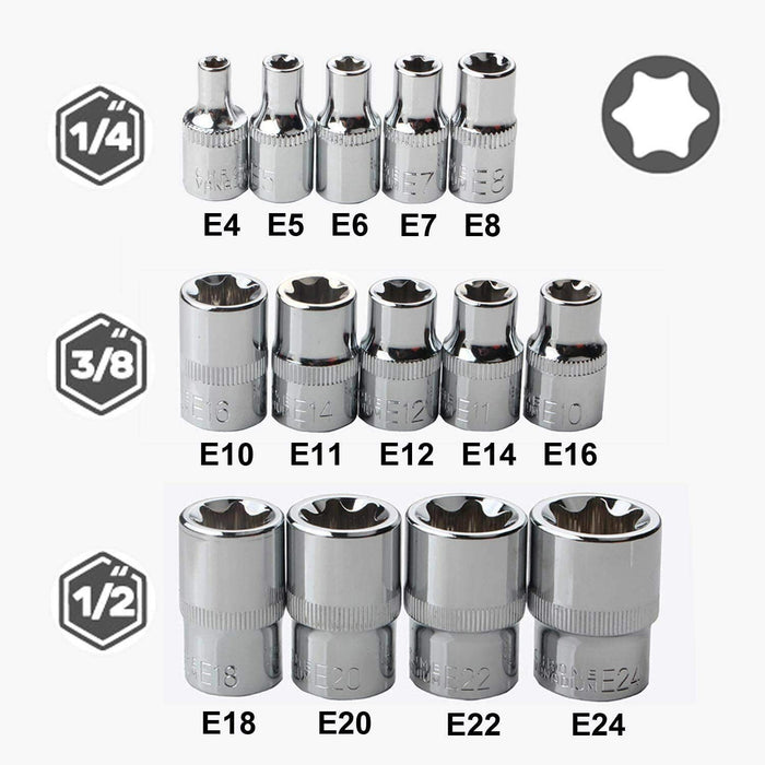 EUROTECH Tradesman Quality 14PC 1/4" 3/8" 1/2"DR Torx Star Bit Socket Set E4-E24