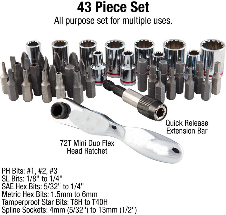 Eurotech 44Pc Tradesman Quality 1/4" Dr Mini Dual RATCHET W Socket & Bit Set