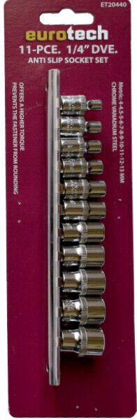 EUROTECH 11PC Tradesman Quality 1/4 Dr Anti Slip Socket Set Made Taiwan 4-13mm