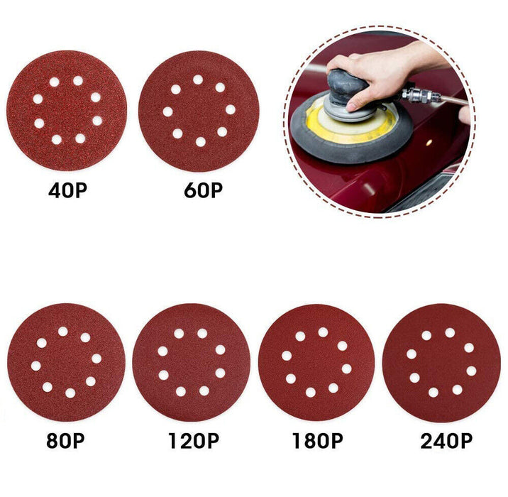 125mm 5" 40-240 Grit Round Orbital Sanding Disc Discs Hook Loop 8 hole Drywall