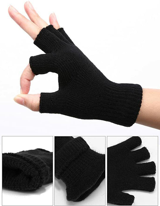 Winter Fingerless Gloves Open Finger Black Soft Warm Knitted Glove Unisex S-XL