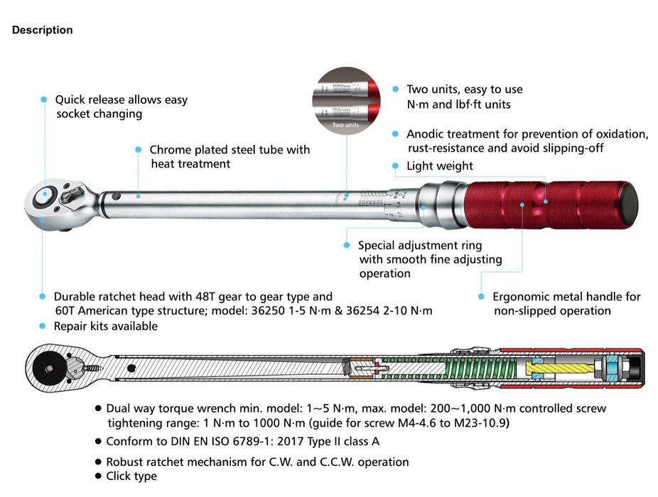 EUROTECH Tradesman Quality 1" Dr Torque Wrench Made in Taiwan 200 - 1000Nm