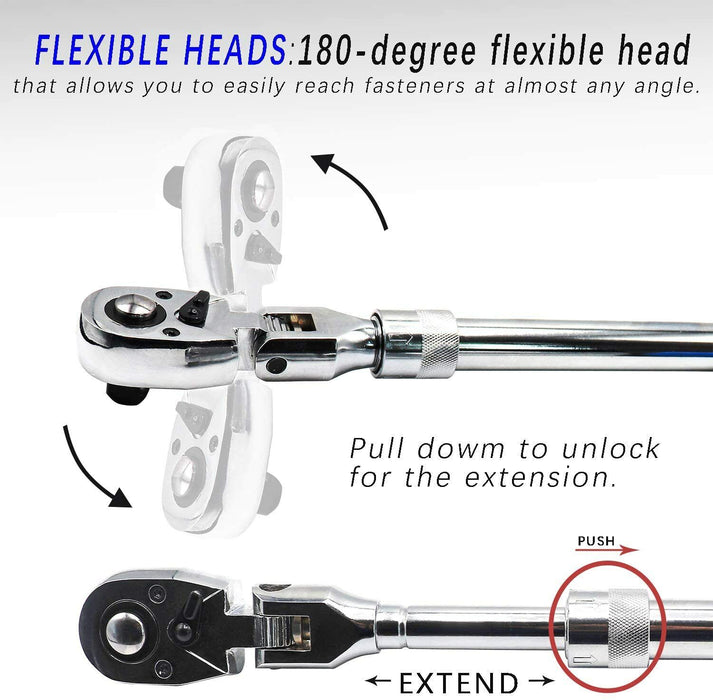 EUROTECH Tradesman Quality 1/4 3/8 1/2"Dr Flex Head Extendable Ratchet TAIWAN - FISHER DISCOUNT