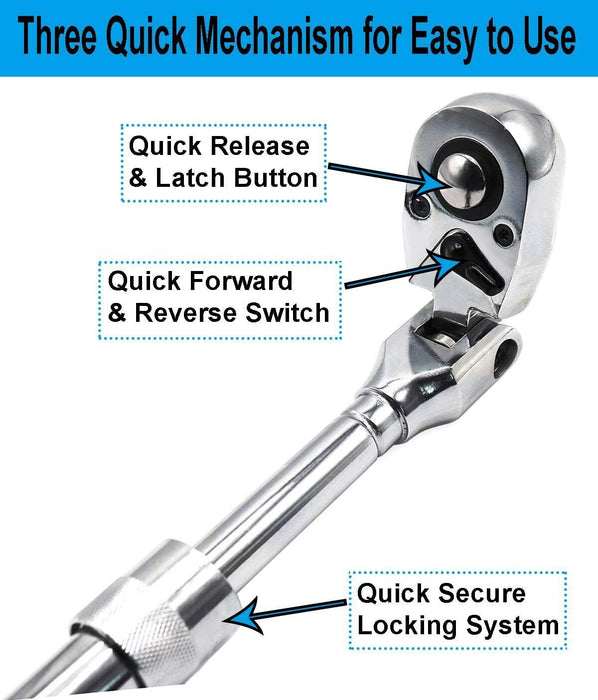 EUROTECH Tradesman Quality 1/4 3/8 1/2"Dr Flex Head Extendable Ratchet TAIWAN - FISHER DISCOUNT