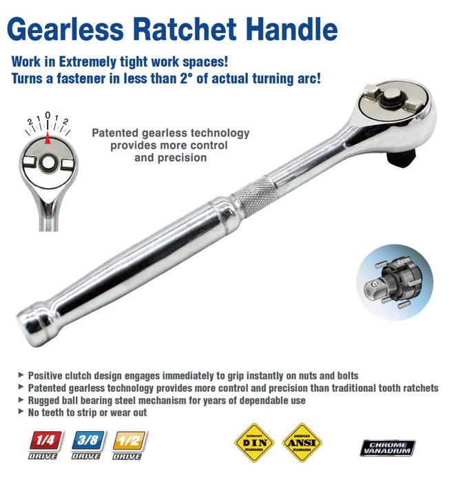 1/4 3/8 1/2 QUICK RELEASE GEARLESS RATCHET HANDLE ZERO TEETH ROUND HEAD 1 Degree - FISHER DISCOUNT