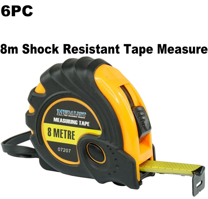 6x Tape Measure 8m Metric Medalist® 6pc H/Duty Rubber Grip Triple BladeStop 8Mtr