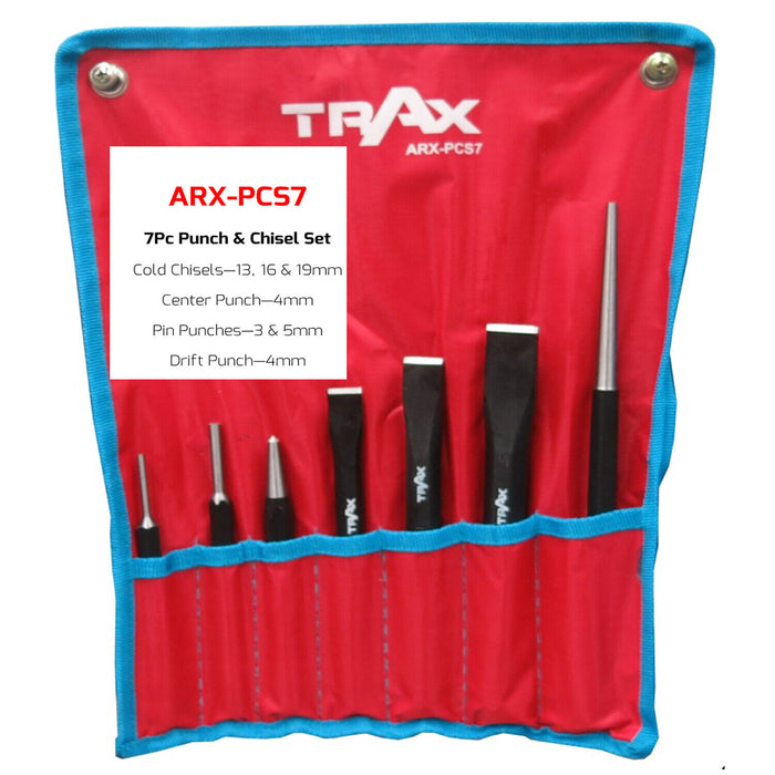 TRAX 7PC Industrial Punch Chisel Set Mechanics Pin Center Punch Made in Taiwan