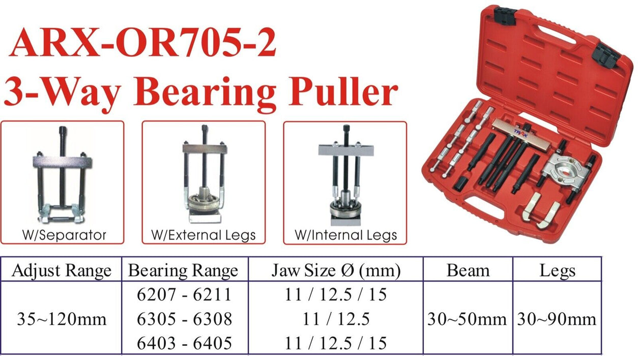 TRAX 3-way Ball End/Legs/Plate Ball Bearing Puller Made in Taiwan 35-120mm