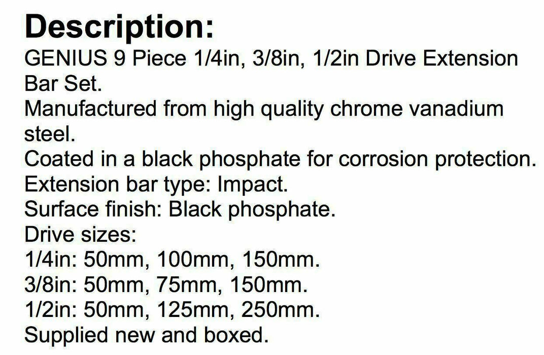 Genius 9 Pce 1/4" 3/8" & 1/2" Drive Impact Extension Bar Socket Set IE-2349