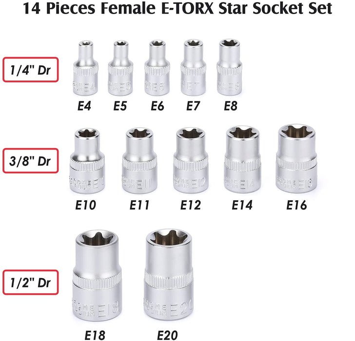 TRAX 12Pcs 1/4″ & 3/8″ & 1/2″ Dr. Star Socket Set Made in Taiwan E4-E20