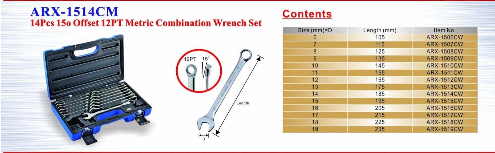 TRAX 14PC 15° Offset Wrench/Spanner Set Made in Taiwan 6-19mm  WITH CASE