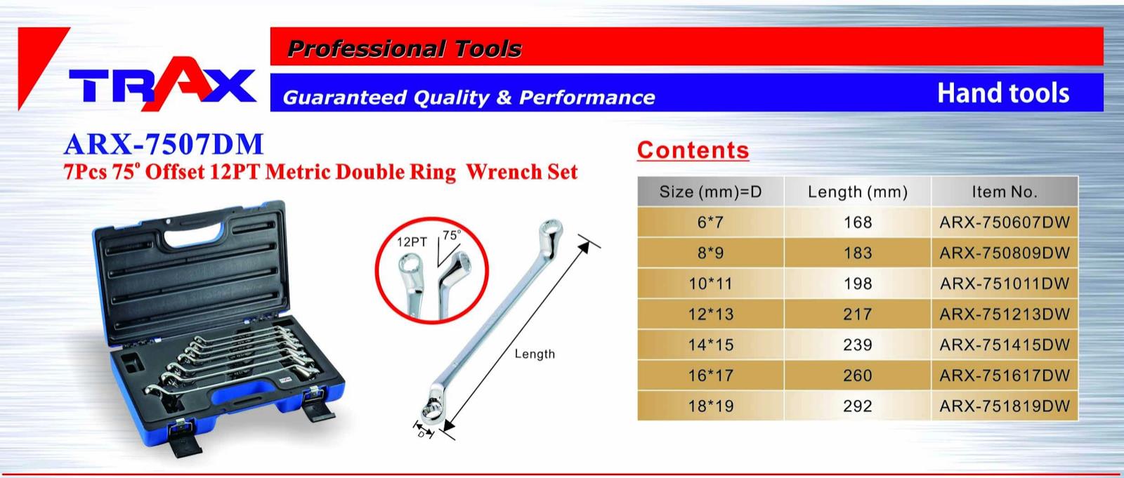 TRAX 7Pcs 75 o Offset 12PT Metric Double Ring Wrench Set Made in Taiwan 6-19mm