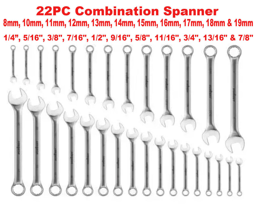 TRAX 22PC Spanner Set Combination Open Wrench Made in Taiwan 8-19mm 1/4” - 7/8”