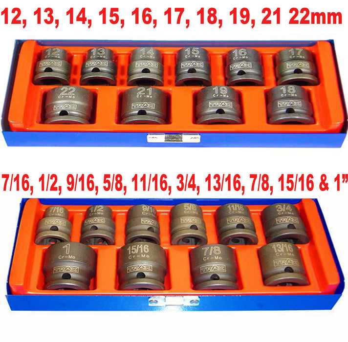 TRAX 10PCS 1/2" Impact Socket Set Metric SAE Made in Taiwan 10-24MM 7/16-1”