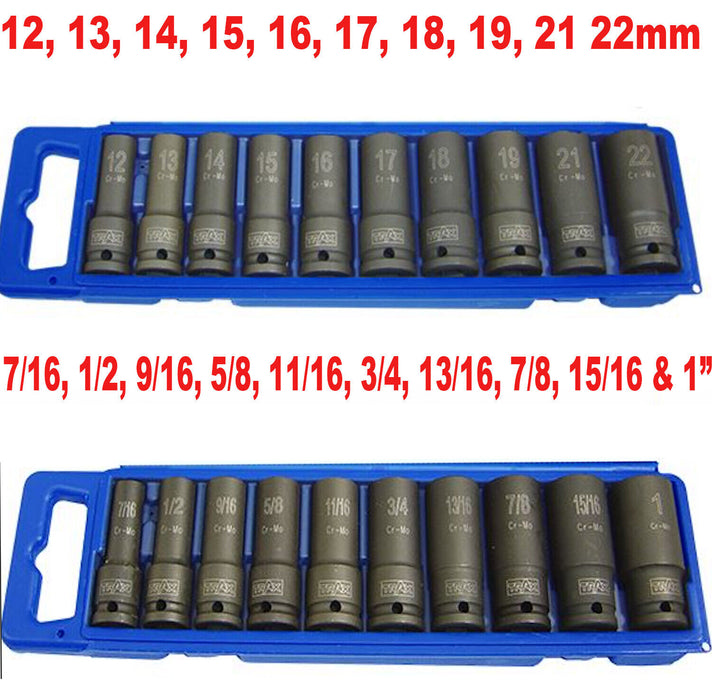 TRAX 10PCS 1/2" DEEP Impact Socket Set Metric SAE Made in Taiwan 10-24MM 7/16-1”