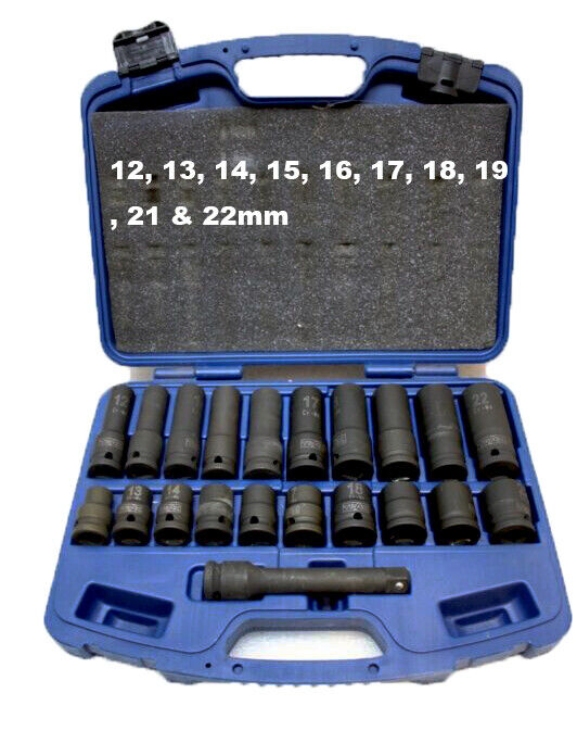 TRAX 21PC1/2" Dr Air Impact Socket Set Cr-V Deep 76mm Long Metric 12-22mm Taiwan