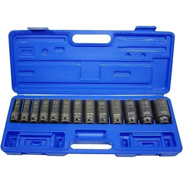 TRAX 13PC 1/2" Metric Imperia Impact Deep Socket Set Made in Taiwan  7/16-1-1/4"