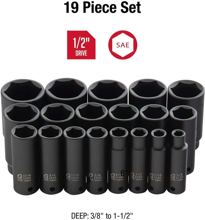 TRAX 13PC 1/2" Metric Imperia Impact Deep Socket Set Made in Taiwan  7/16-1-1/4"