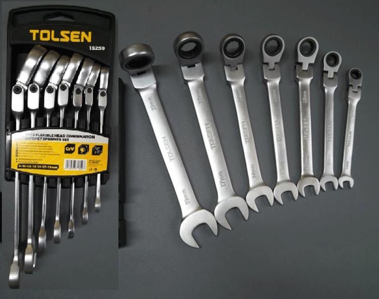 TOLSEN 7Pc Flexible Head Ratchet Spanner Set Wrench With Carry Pouch 9-19mm