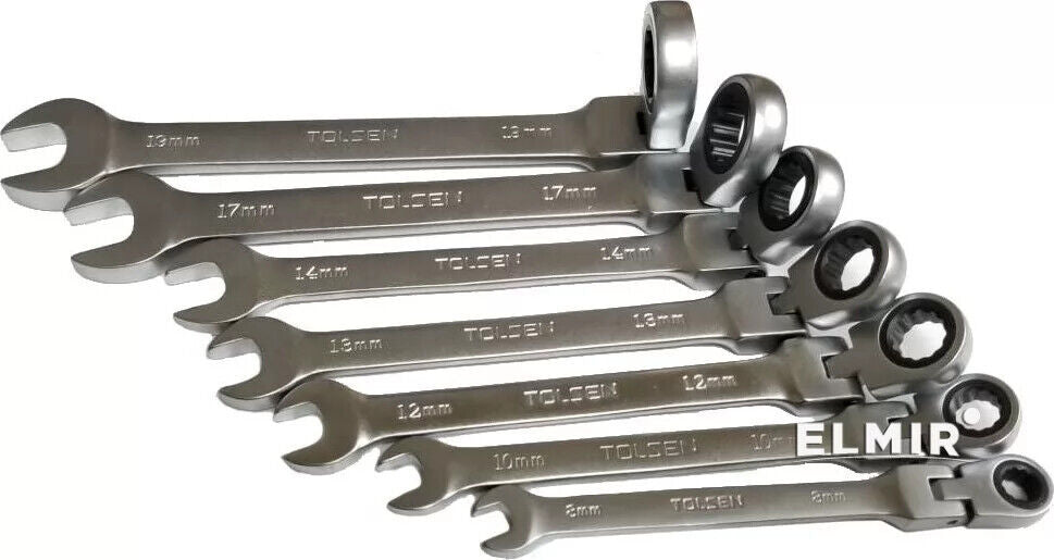 TOLSEN 7Pc Flexible Head Ratchet Spanner Set Wrench With Carry Pouch 9-19mm