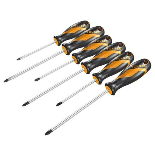 TOLSEN 6PC Anti-Slip Grip Magnetised Flat Phillips Pozidrive Screwdriver Set