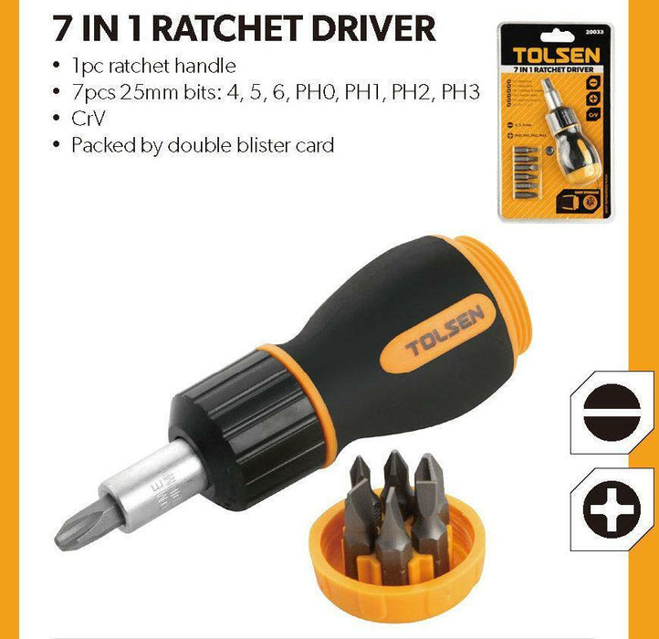 Tolsen 7 in 1 Ratchet Screwdriver (Philip & Flat) 4, 5, 6, PH0, PH, PH2, PH3