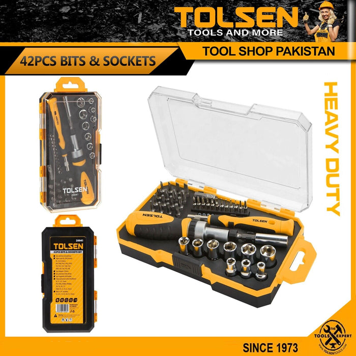 TOLSEN 42PCS BITS & SOCKETS SET Ratchet screwdriver HEX Torx PH SL bits Adaptor