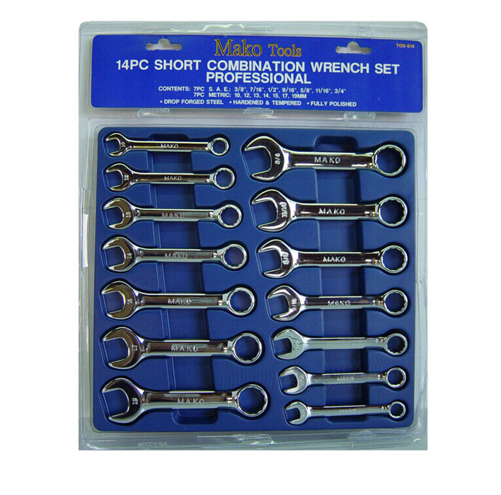 14PC STUBBY PRO SPANNER WRENCH SETCR-V PROFESSIONAL Metric  SAE 10-19mm 3/8”-3/4 - FISHER DISCOUNT