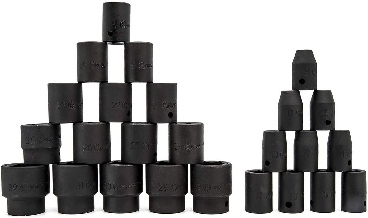 Genius Tools 25 Piece 1/2" Drive Metric Impact Socket Set TF-425M 8-32mm